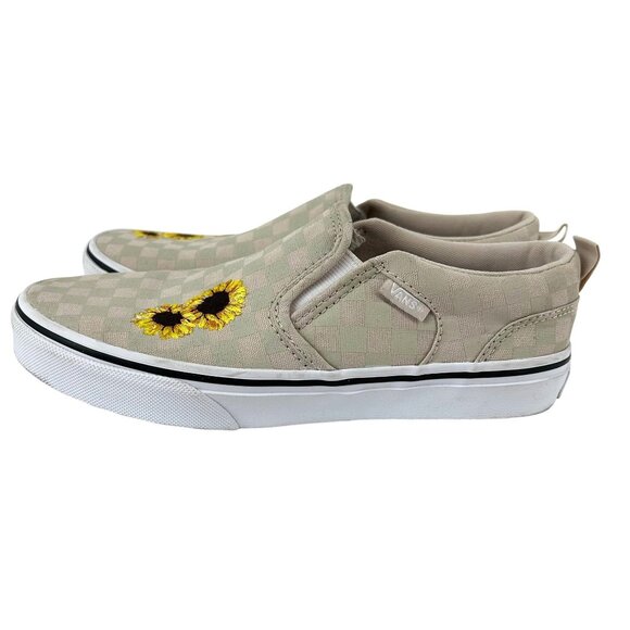 Vans Girls Beige Checkerboard Slip-On Sneakers Sunflower Embroidery Junior Sz 4 - Picture 4 of 8